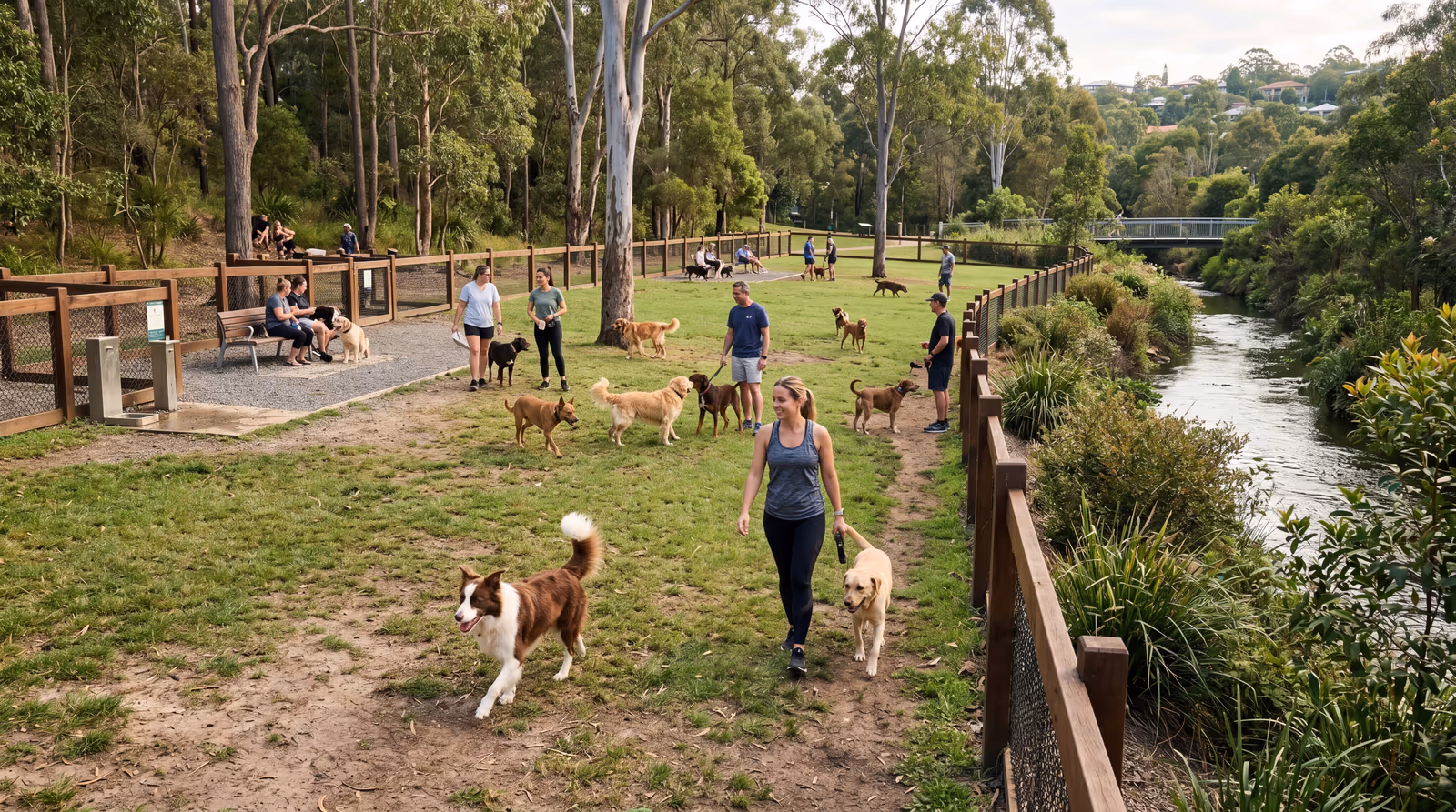 Dogs playing at a forested off-leash dog park in Portland