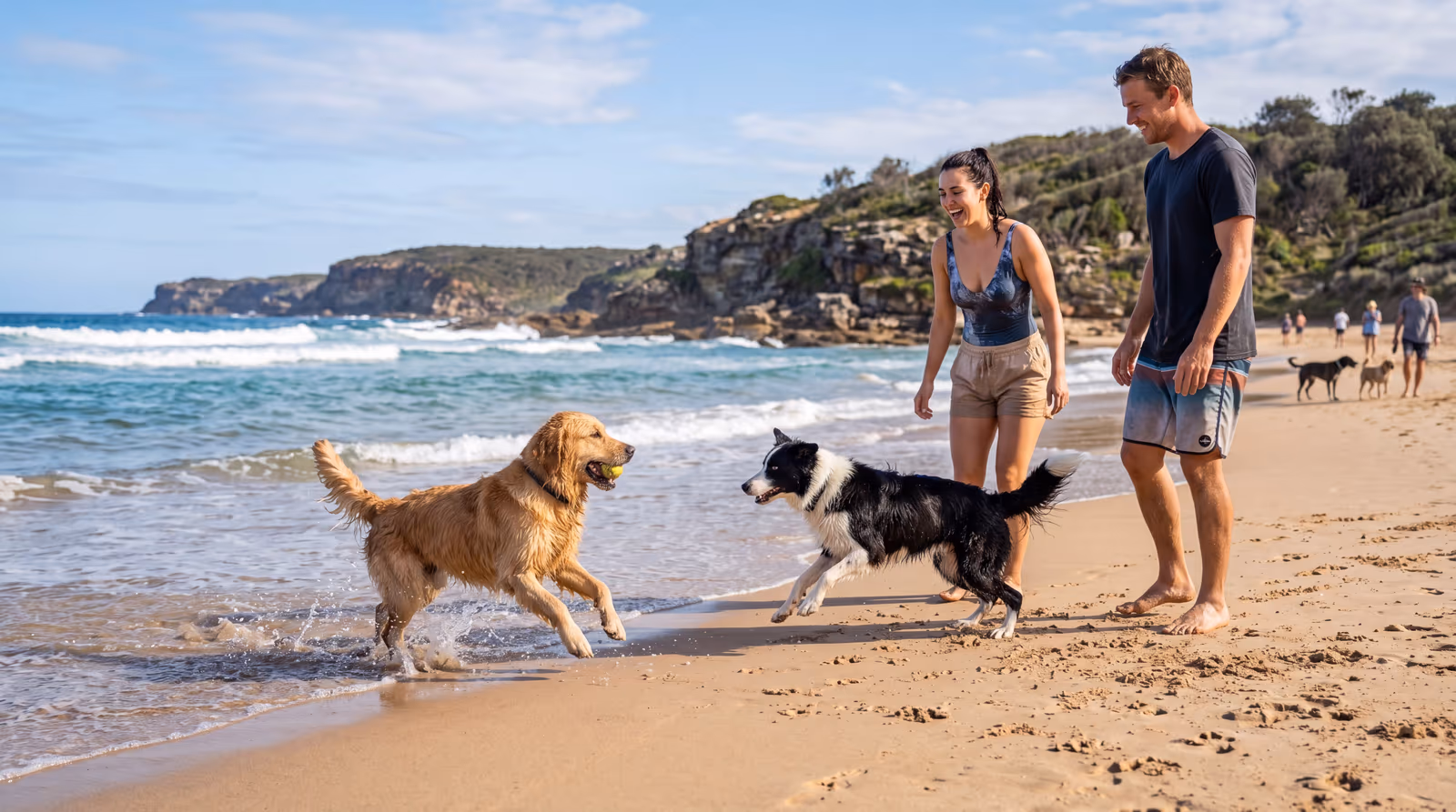 Golden retriever and border collie playing in the shallows at a US off-leash dog beach