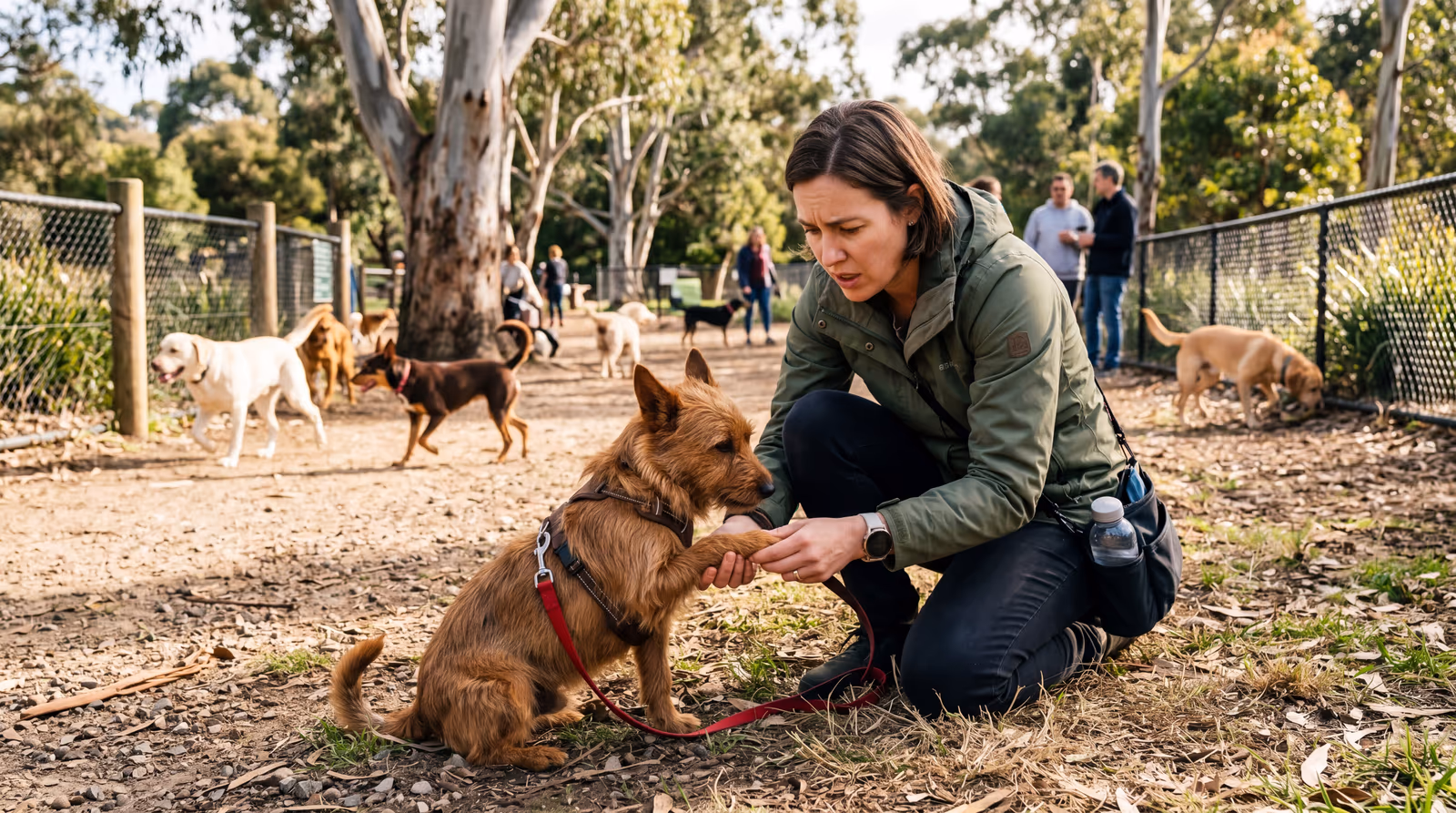 Owner checking her terrier's paw at a fenced dog park