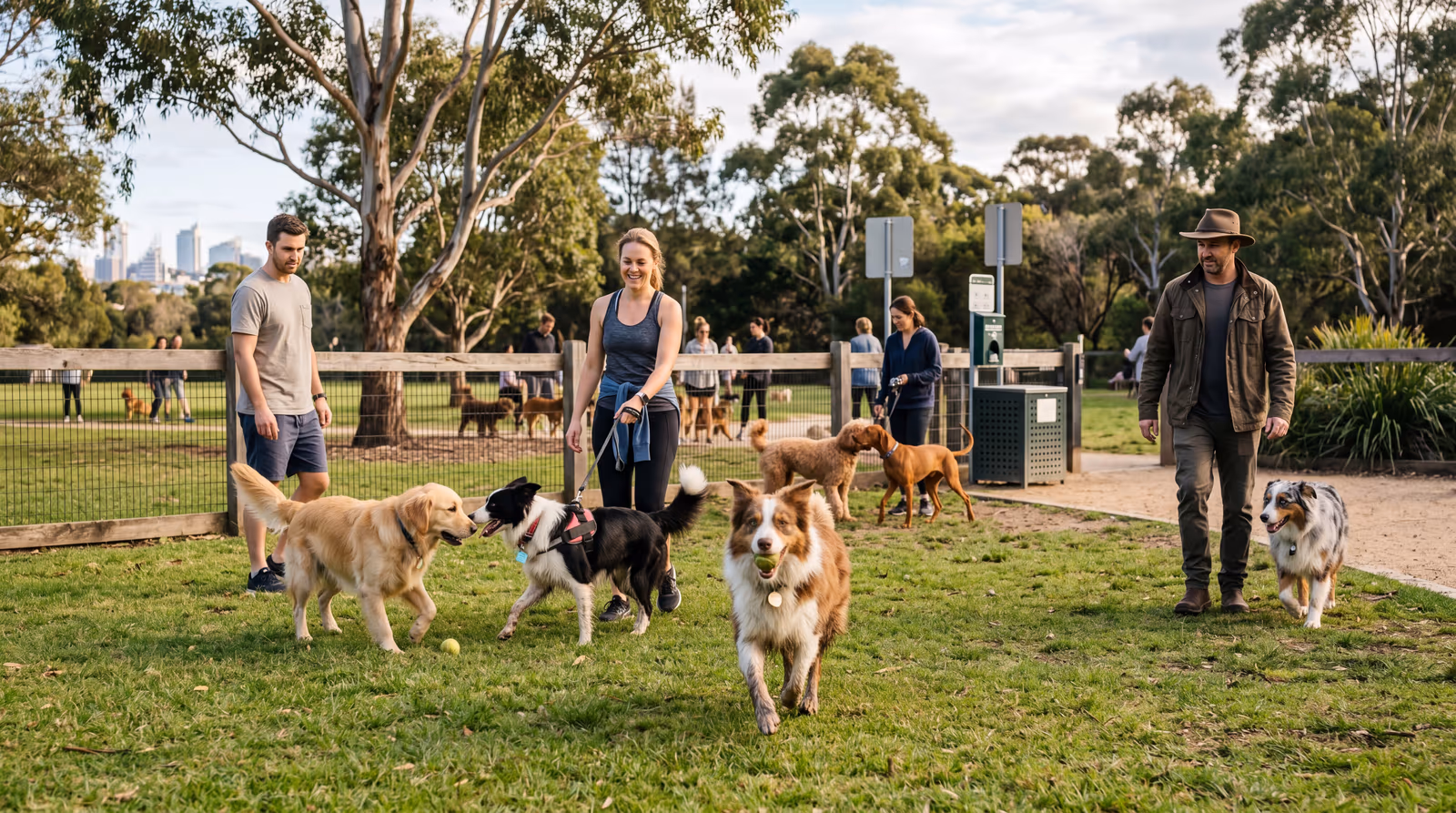 Dogs off leash with their owners at a busy US dog park