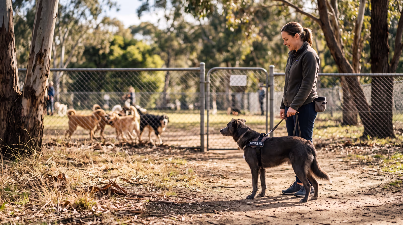 Owner keeping her dog on leash at a distance from the fenced dog park