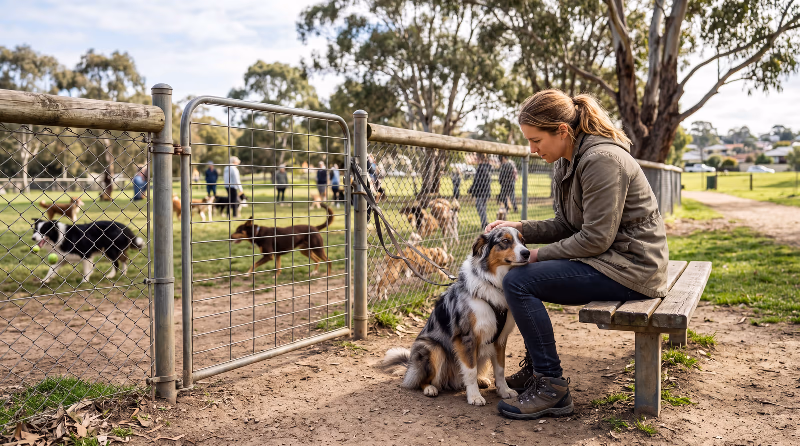 Owner comforting her Australian Shepherd on a bench outside the dog park gate
