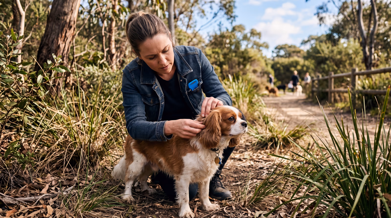 Owner checking her spaniel's coat for ticks beside a wooded trail