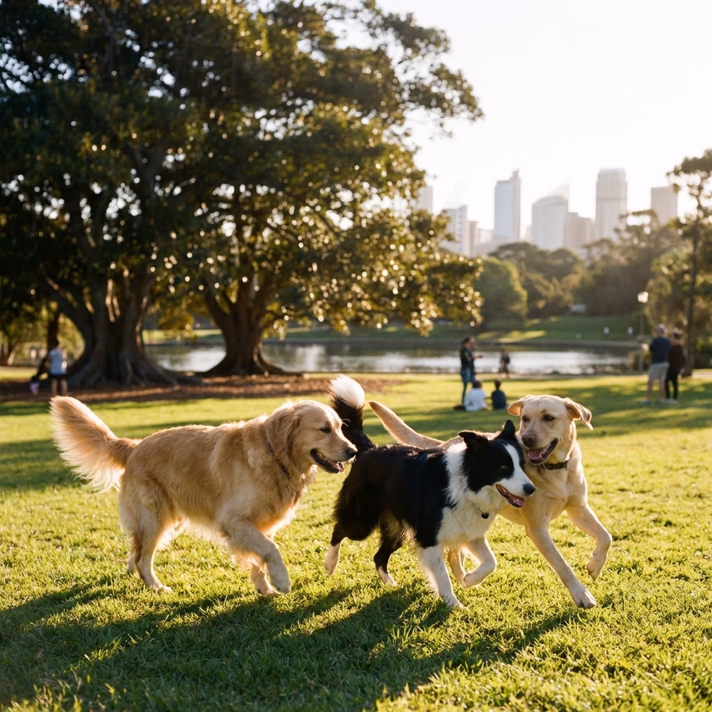 Happy dogs running together in a US dog park
